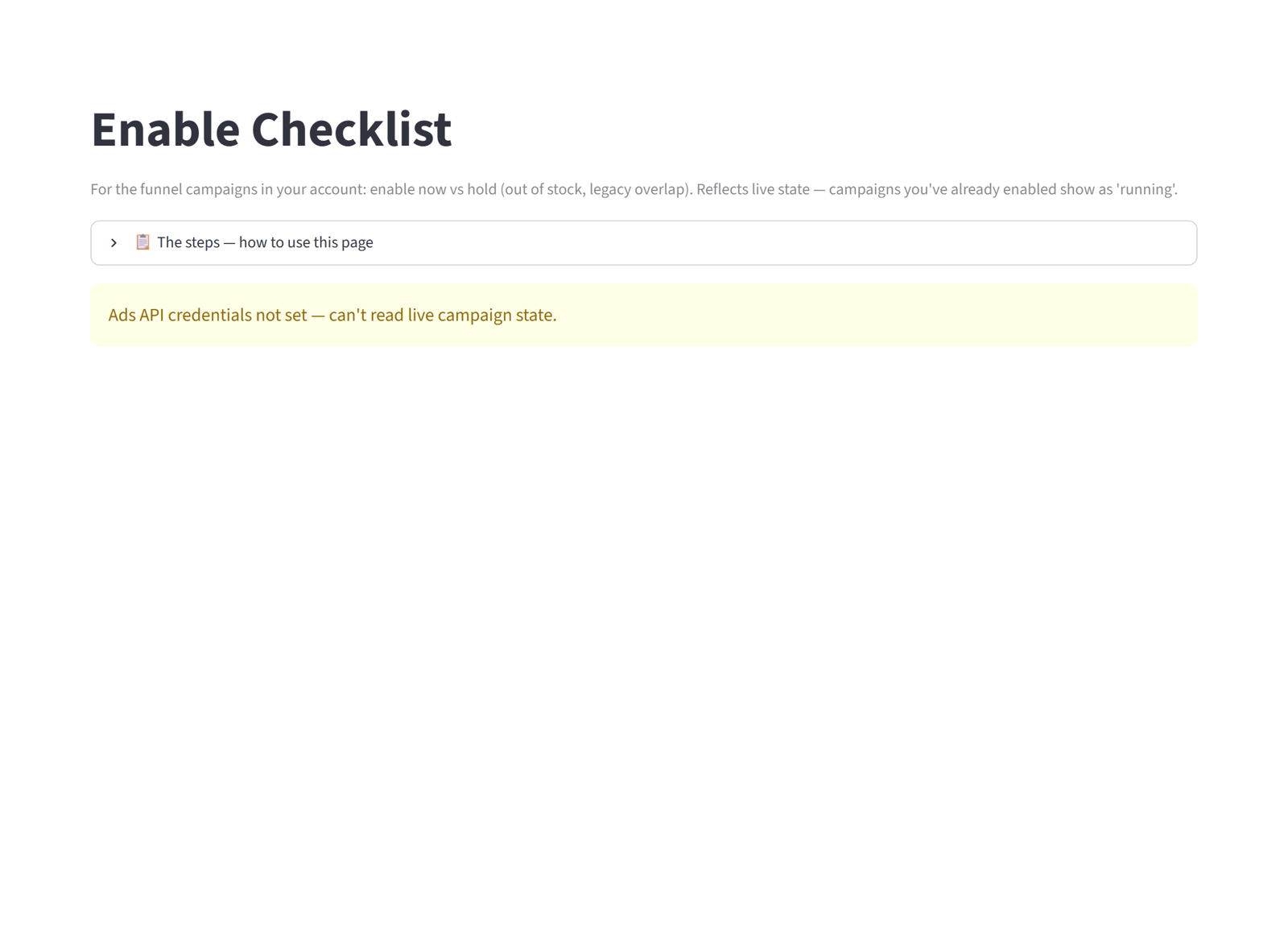 The Enable Checklist: freshly built campaigns still off, with stock and readiness for each