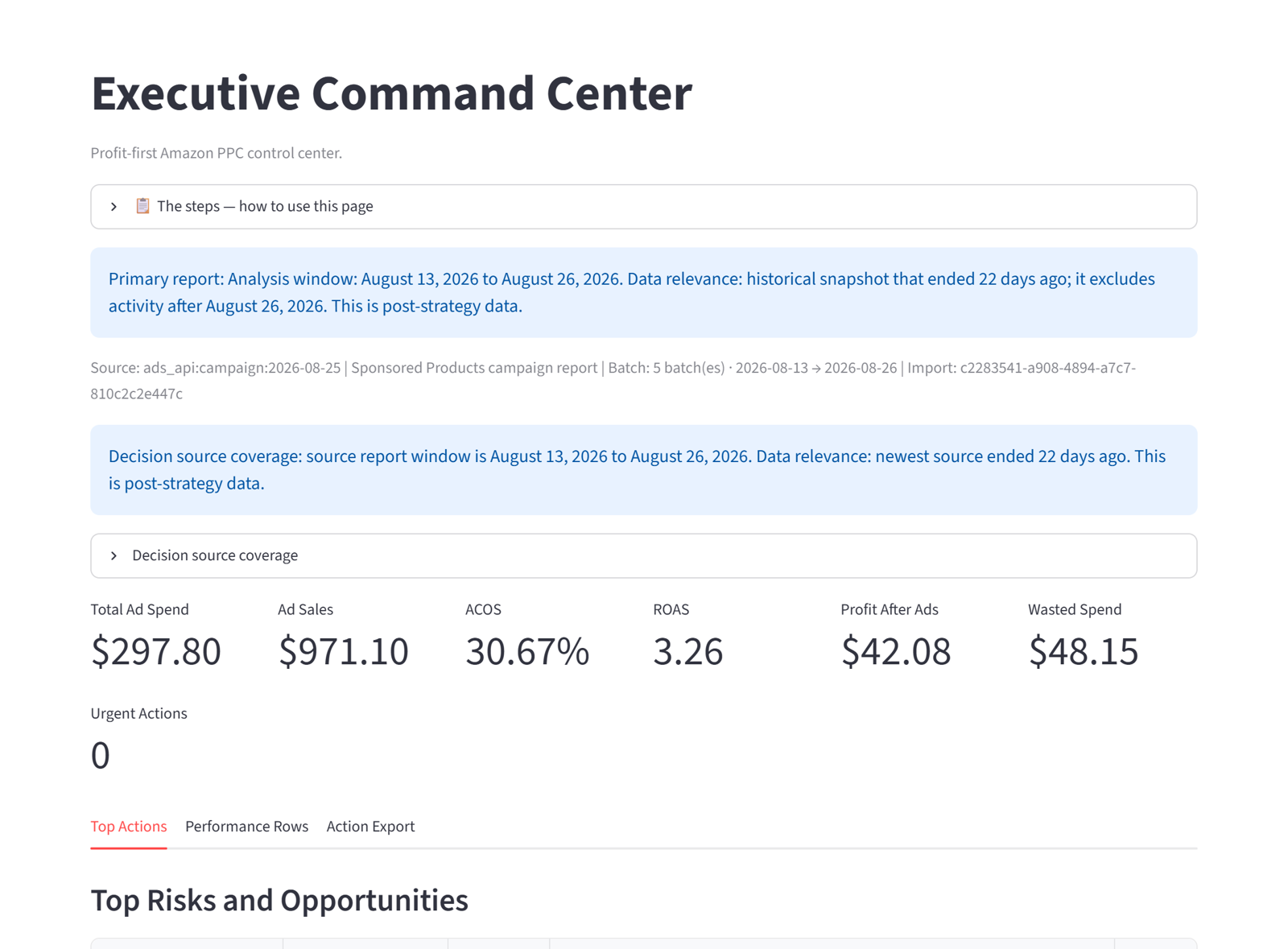 The Executive Command Center: spend, sales, ACOS, profit after ads and wasted spend for the window, then top risks and opportunities